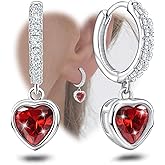 Heart Hoop Earrings with Dangle Sterling Silver Love Heart-Shaped Loop Earrings for Women Hypoallergenic Sparkle Birthstone Cubic Zirconia Hoop Earring with Dangling Charms Dainty Fashion Jewelry Gift