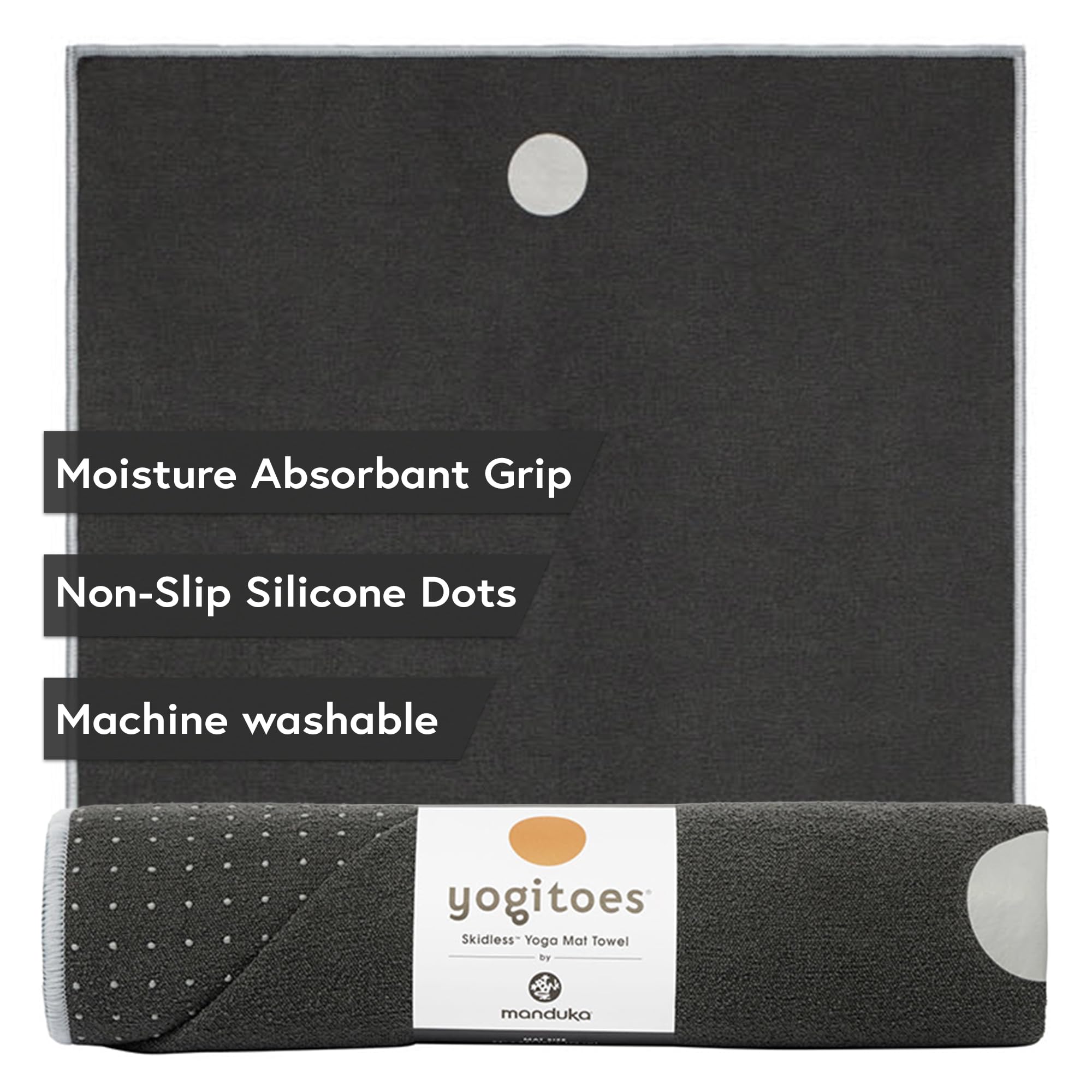 Manduka Yogitoes Yoga Towel for Mat, Non-Slip and Quick Dry for Hot Yoga with Rubber Bottom Grip Dots,Thin and Lightweight, 71 Inches, Grey