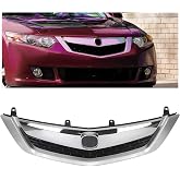 ECOTRIC Front Grille Compatible with 2009-2010 Acura TSX | Chrome Bumper Mesh Grille Cover Molding Vent Hood Trim Grill ABS Plastic With Silvery
