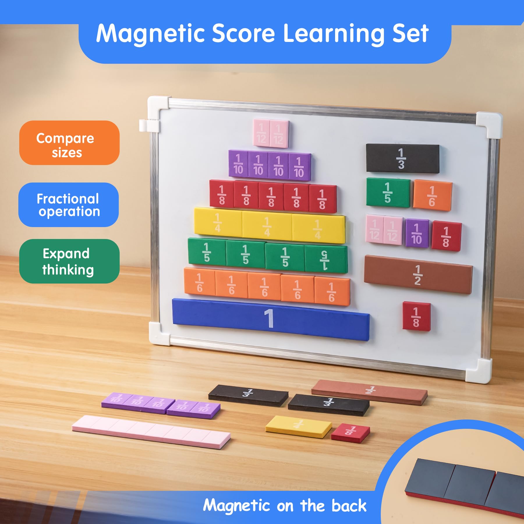 TOMMYHOME Magnetic Fraction Tiles for Kid's Maths Classroom Toys.Standing Teaching aids for Primary classrooms.Help Kids Learn Fractions (Rectangular)