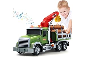 BSTOYDER Kids Toys for 3 4 5 6 7 8 Years Old Boys, 15" Farm Logging Truck Toy with Loading Crane and 6 Trunks, Lights, Sounds, Toddler Friction Powered Truck Vehicle Toy for Boys Girls Birthday Gifts