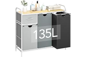 Yecaye Laundry Sorter 3 Section, Laundry Hamper with Shelf and 1 Drawer, 35.7Gal(135L) Clothes Basket Organizer, Pull-Out and Removable Oxford Fabric Laundry Bags for Laundry Room, Bedroom, Bathroom