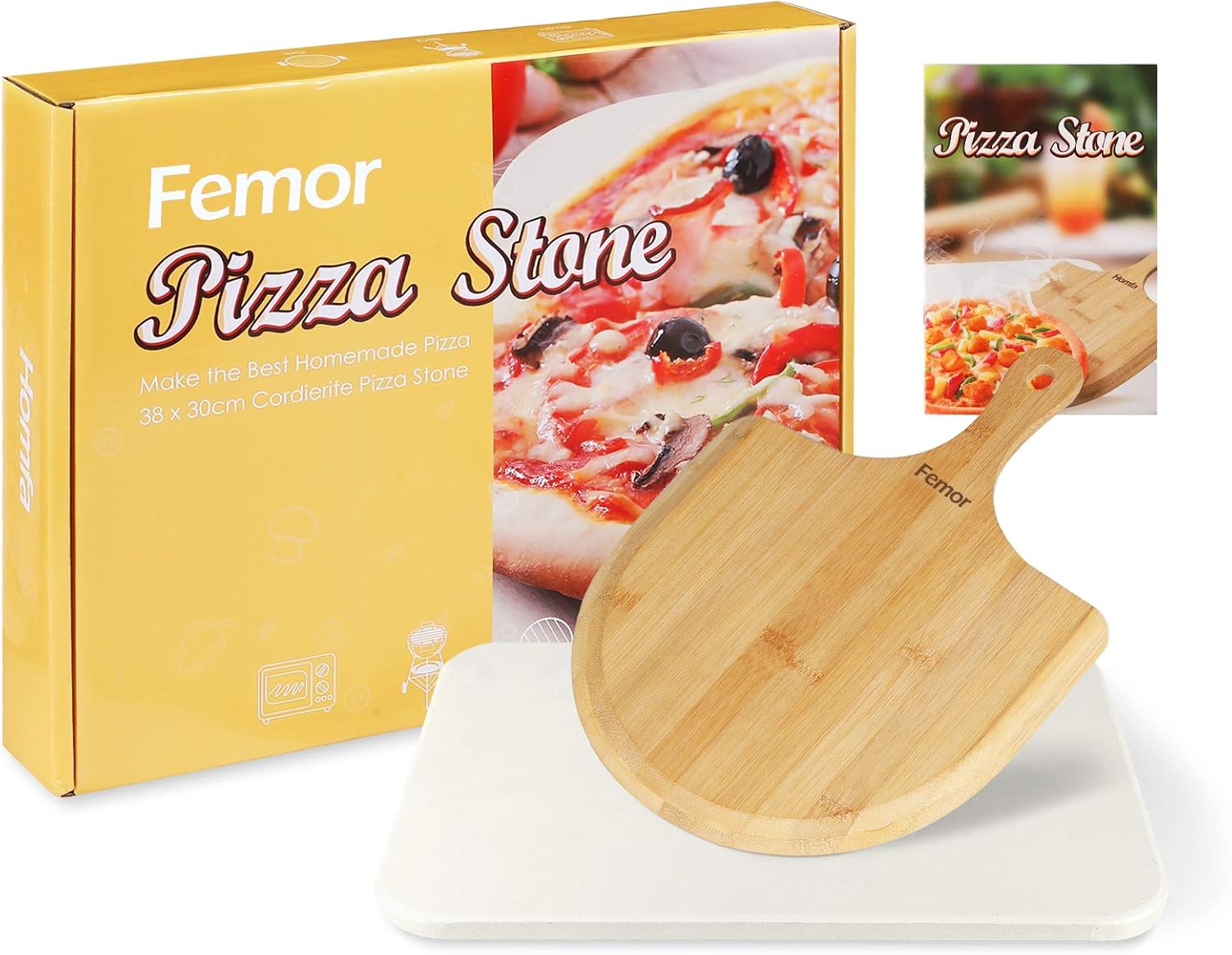 femor Pizza Grilling Stone 15"x12" Baking Stone for Oven, BBQ/Grill, Pizza Pan with Wooden Pizza Peel and Recipe, Rectangular : Garden & Outdoor