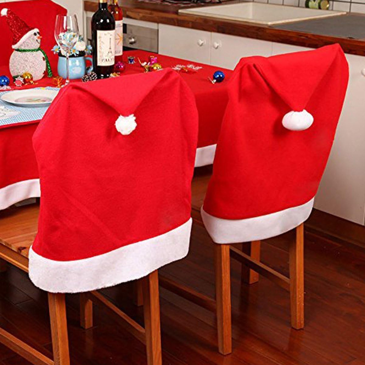 LOHOME 4-Pieces Christmas Chair Covers - Red Non-Woven Fabrics Santa Claus Hat Chair Back Covers for Xmas Decor: Kitchen & Dining