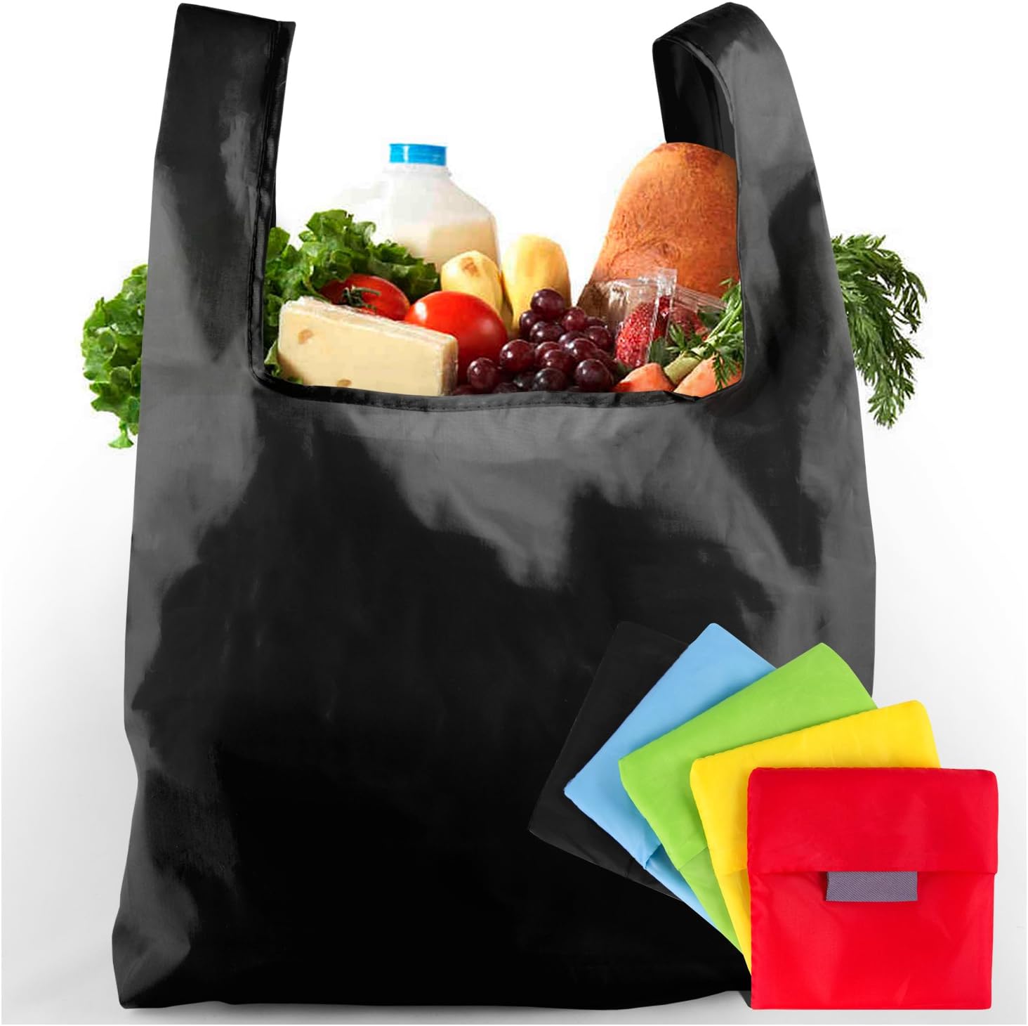 Irixul Reusable Grocery Bags with Storage Pouches - Set of 5 Foldable Shopping Totes - Durable Washable Ripstop Nylon