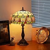 Tiffany Lamps Pink Tulip Style Stained Glass Table Lamp Desk Bedside Reading Light 12X12X18.5 Inches with Bronze Resin Base A