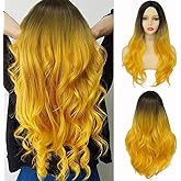 Tseses Yellow Curly Long Wavy Wigs for Women Ombre Yellow Middle Part Wigs Natural Synthetic Hair Wig for Cosplay Party Halloween