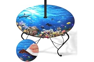 Britown Seabed Shark Turtle Round Outdoor Tablecloth With Umbrella Hole, Ocean Fitted Table Cover With Zipper, Outdoor Camping Essentials, Waterproof Umbrella Table Cloth with elastic (45''-54'')