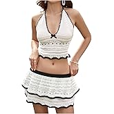 SHENHE Women's Crochet 2 Piece Outfits Y2k Sexy Halter Knit Crop Top Layered Mini Skirt Set