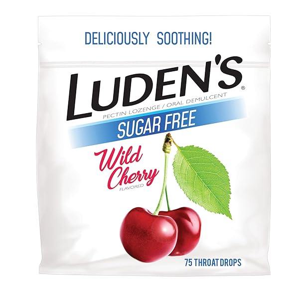LUDEN’S SORE THROAT DROPS, FOR MINOR SORE THROAT RELIEF, SUGAR FREE WILD CHERRY, 75 COUNT