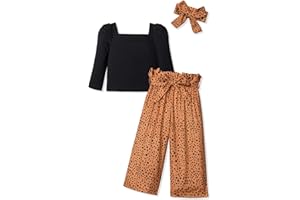 Ribabz Toddler Girl Clothes, Toddler Outfit Square Neck Puff Long Sleeve Top + Striped Pants + Headband 3Pcs Set