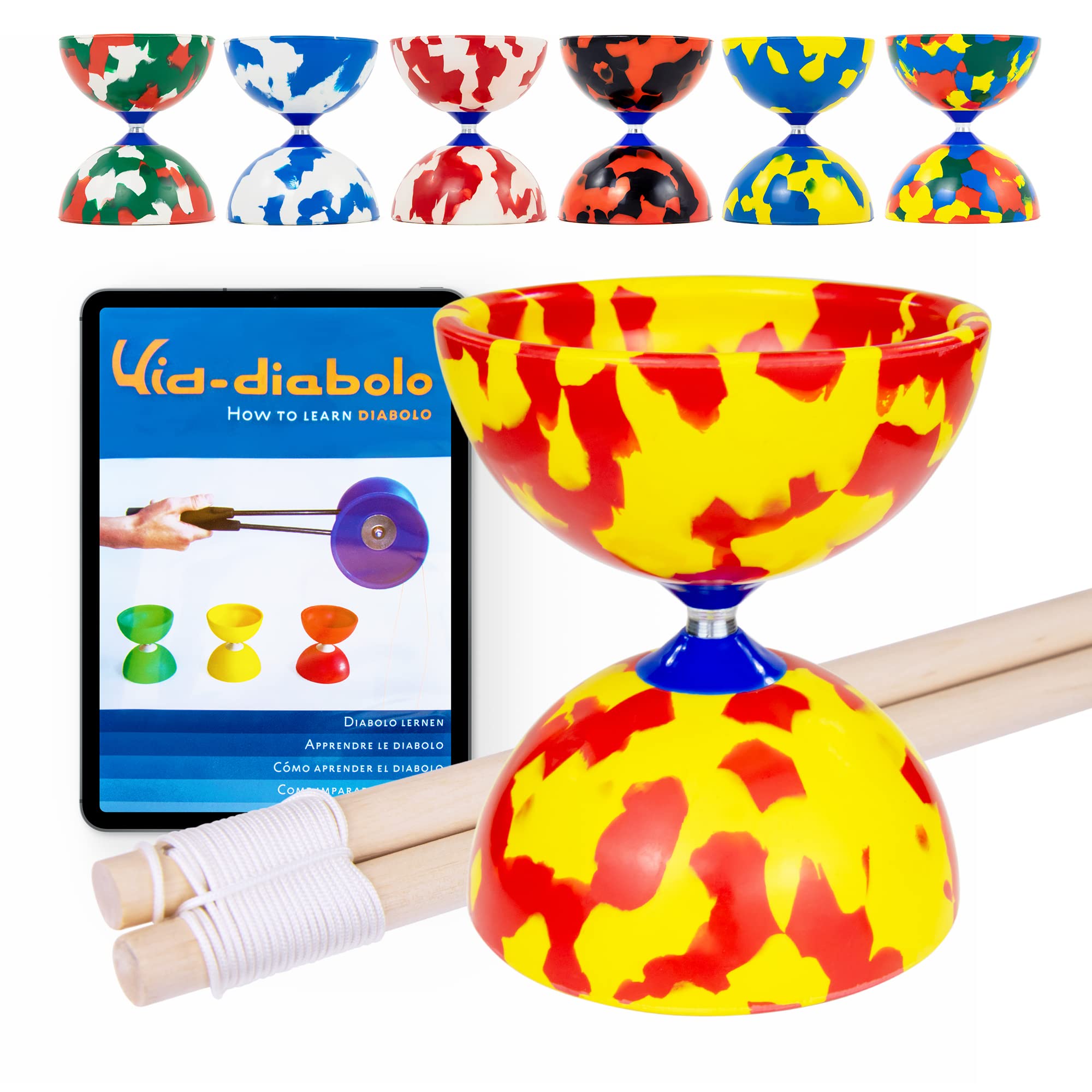 Juggle Dream Jester Diabolo Set - Fixed Axle Professional Diabolo with Wooden Handsticks and Online Learning Video - Juggling Toy (Red/Yellow)