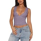 Women Sexy Cropped Lace Top Sleeveless V-Neck Lace Trim Crop Top Slim Fit Summer Tank Top Streetwear