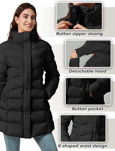 PUREPEAR WOMEN’S WINTER WARM LONG PUFFER JACKET DETACHABLE HOOD QUILTED THICKEN COATS BLACK M