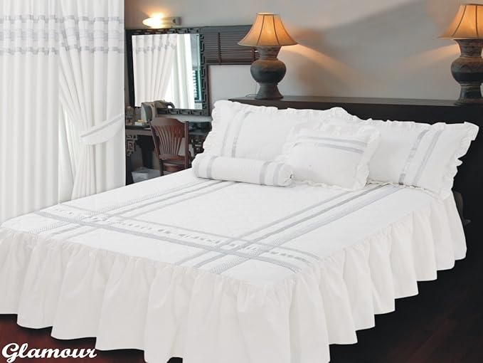 King Size Fitted Bedspread Glamour White With Silver Trim / Ribbon