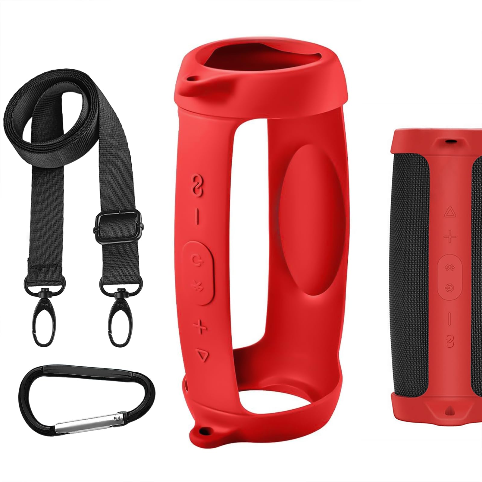 Geekria Silicone Speaker Case Cover, Compatible with JBL Charge 5, Protective Waterproof Soft Skin, Replacement Portable Speakers Travel Carrying Sleeve with Shoulder Strap (Red)