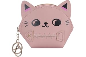 Abberry Cute Cartoon Cat Coin Purse for Women and Girls with Zipper PU Leather Coin Pouch with Keychain(Pink)