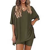 PRETTYGARDEN 2 Piece Sets for Women Summer 2026 Lounge Short Set Spring Matching Biker Shorts V Neck Oversized Shirt Clothing