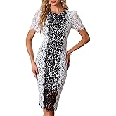 Cololura Women Elegant Floral Lace Mesh Patchwork Short Sleeve Formal Evening Gown Party Bodycon Midi Dress