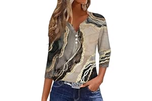 EKIYVO 3/4 Length Sleeve Womens Tops Casual Loose Fit Henley Neck T Shirts Cute Print Three Quarter Length Tunic Tops