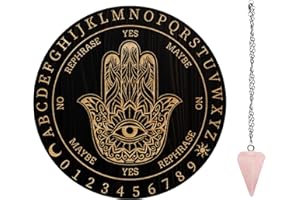 AHANDMAKER 7.8" Witch Pendulum Board, Wooden Dowsing Planchette with Rose Quartz Crystal Dowsing Pendulums Witchcraft Divination Tools for Spirit Altar Decoration - Hamsa