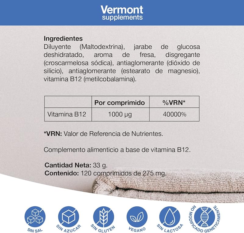 Vitamina B12 Sublingual 1000mcg - 120 Comprimidos Sabor Fresa | Suplemento Vitamínico con Metilcobalamina para el Desarrollo Celular, favoreciendo la producción de Energía | Vermont Supplements