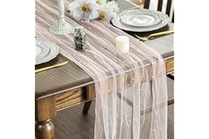 Artoid Mode Pearl Pink Gauze Table Runner 120 Inch 10FT, Seasonal Sheer Chiffon Cheesecloth Dining Holiday Birthday Table Dec
