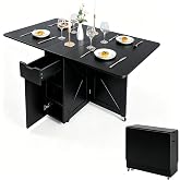 Folding Dining Table with Drawer and Storage Shelves, 53" Space Saving Foldable Dining Table with 6 Wheels, Drop Leaf Table for Small Spaces