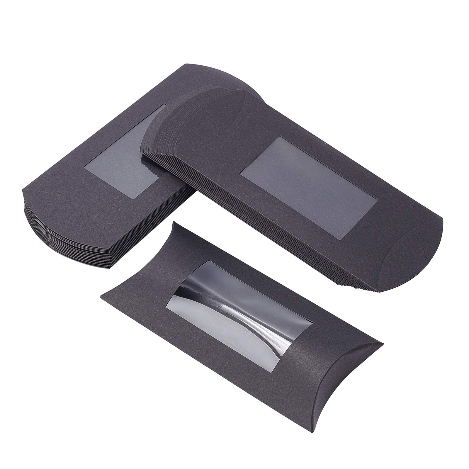 BENECREAT 30PCS 16x7.5x2.5cm Black Kraft Paper Pillow Boxes with Clear Window, Candy Packaging Box Treat Box for Shower, Birthday and Wedding Party