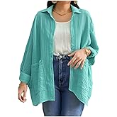 OYOANGLE Women's Plus Size Long Sleeve Collared Casual Blouse Loose Drop Shoulder Button Down Shirt with Pocket