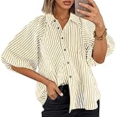 Tankaneo Womens Short Puff Sleeve Button Down Shirts Striped Trendy Casual Loose Fit Blouse V Neck Collared Tops