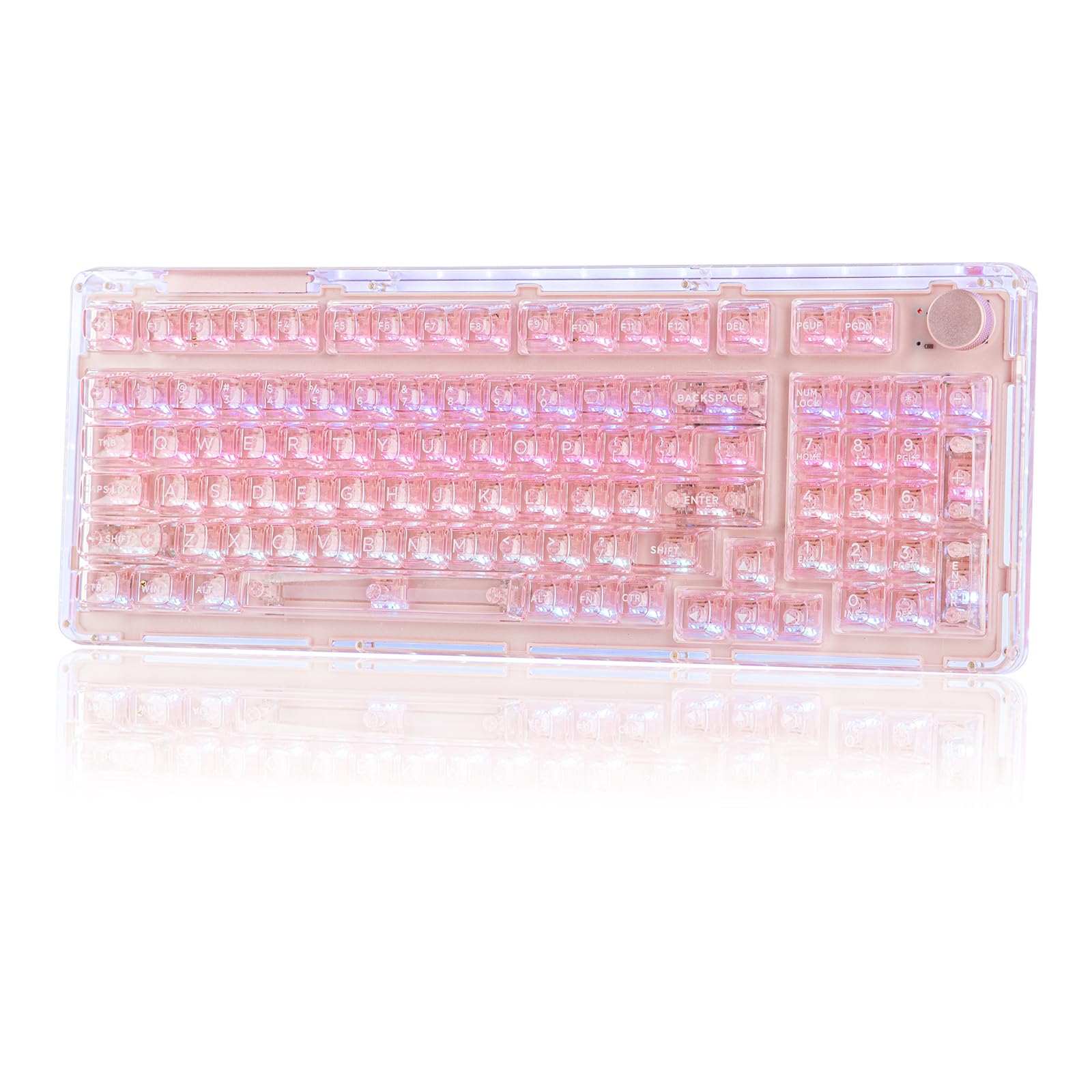 Photo 1 of ***Missing rubber foot***KiiBoom Phantom 98 Crystal Mechanical Gaming Keyboard, Transparent Keyboard with RGB Backlits, Hot-Swappable, Shine Through Clear Keycaps, 3 Modes Wireless, 8000mAh Battery, NKRO for Win/Mac (Pink)***Missing rubber foot***