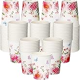 Maxcheck 100 Pcs Spring Pink Flower Butterfly Paper Cups Bulk Tea Party Cups 9 oz Disposable Coffee Glass for Tea Party Hot Cold Drinks Wedding Birthday Bridal Shower Baby Shower Home Office Supplies