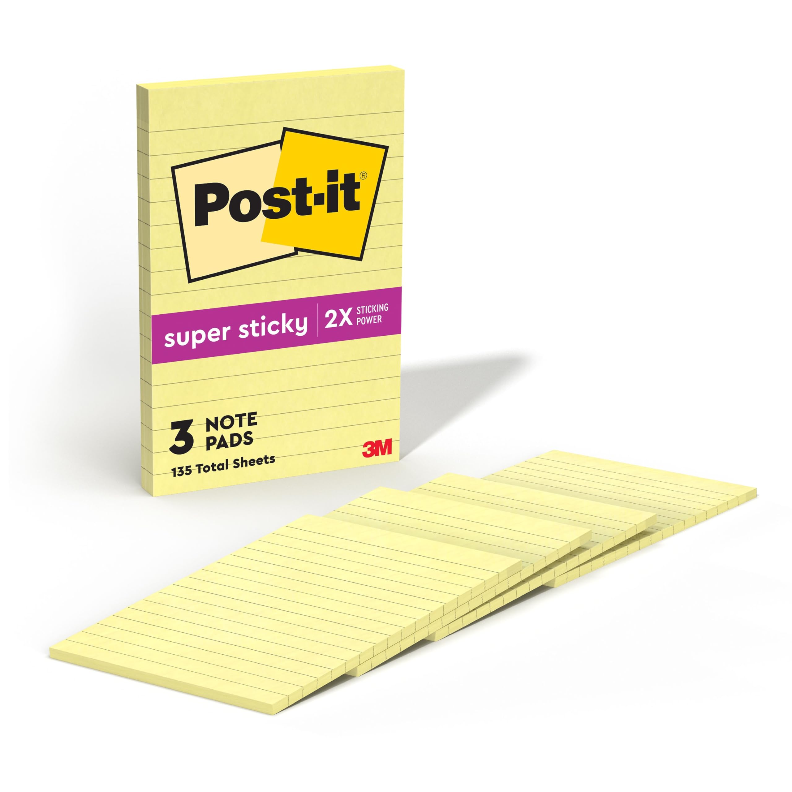 Post-it Super Sticky Lined Notes, 4 Sticky Note Pads, 4 x 6 in., School Supplies, Office Products, Sticky Notes for Vertical Surfaces, Monitors, Walls and Windows, Canary Yellow