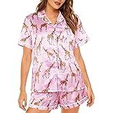 ASTANFY Silk Satin Pajama Set Womens Silk Satin 2 Piece Pjs Shorts Sleepwear Christmas Button Down Shirt Bride Pj Lounge Sets