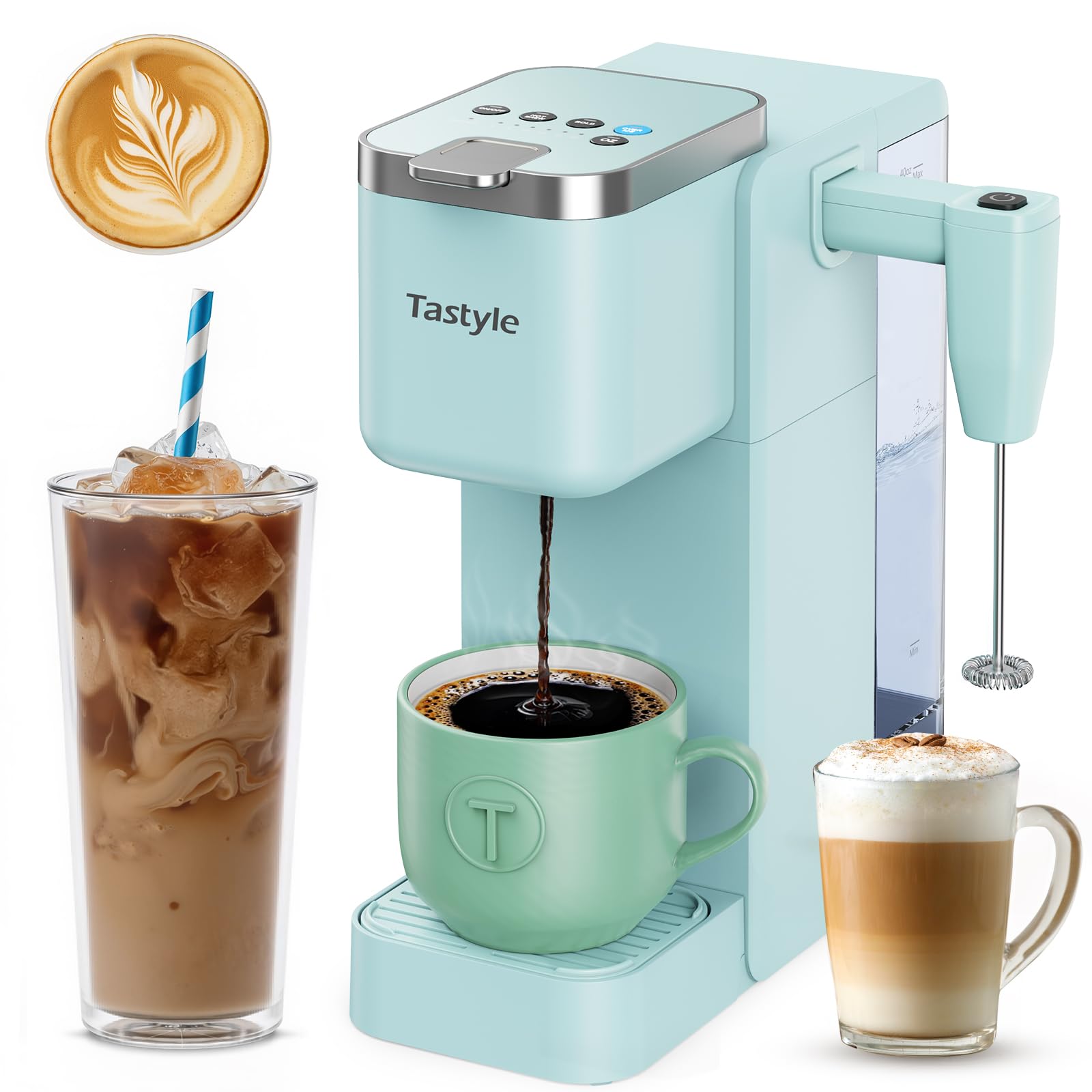 Photo 1 of Tastyle Single Serve Coffee Maker with Built-in Detachable Milk Frother, Iced and Hot Coffee Machine for K Cup & Grounds, 40oz Removable Water Reservoir, 6 Cup Sizes, Fits 7.3" Travel Mug, Teal