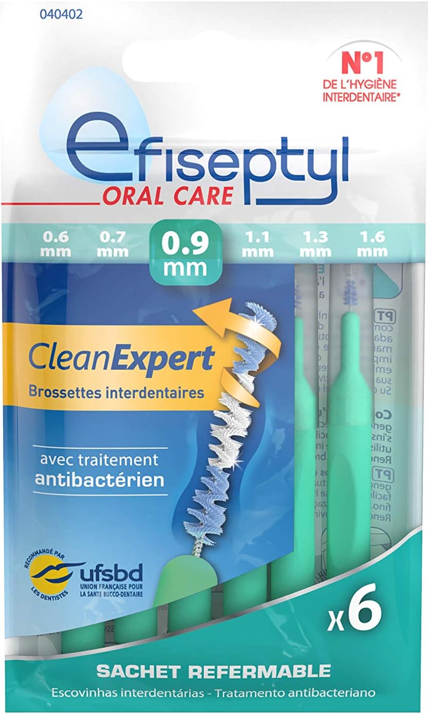 Efiseptyl - Clean Expert Interdental Brushes 0.9 mm - Resealable Bag - with Antibacterial Treatment - Pack of 6 Brushes