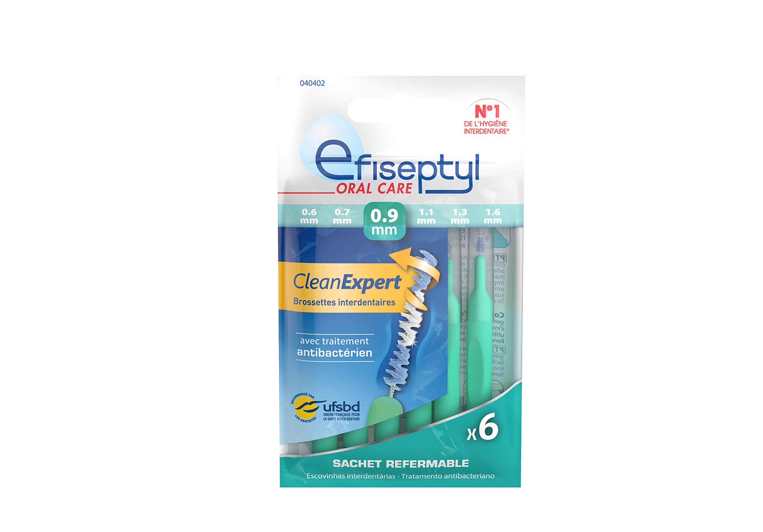 Efiseptyl - Clean Expert Interdental Brushes 0.9 mm - Resealable Bag - with Antibacterial Treatment - Pack of 6 Brushes