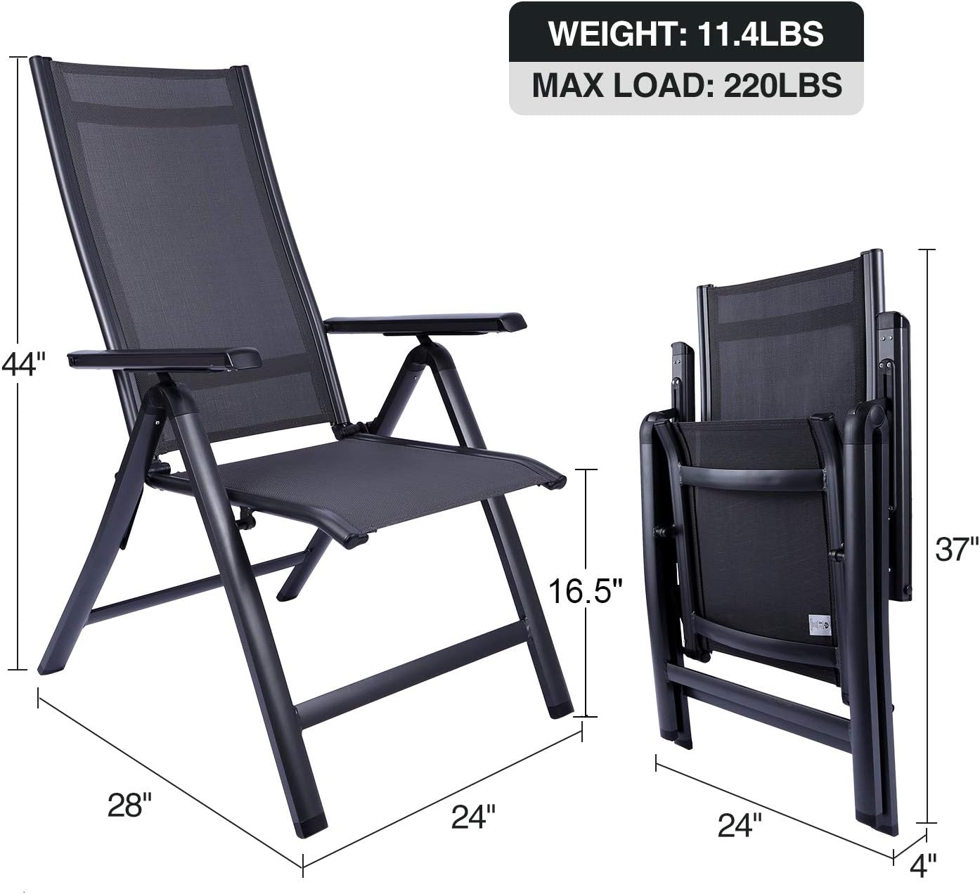 REDCAMP Patio Lounge Chair for Outside, Lightweight Aluminum Adjustable High Back Outdoor Sling Reclining Lawn Chairs Zero Gravity with Hard Arms, Black: Kitchen & Dining