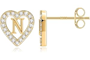 Anoup Heart Initial Stud Earrings - Gifts for Girls, Sterling Silver Post 14K Gold Plated All Over Hypoallergenic | CZ Simulated Diamond Stud Earrings | Birthday Gifts for Girls Kids Toddlers