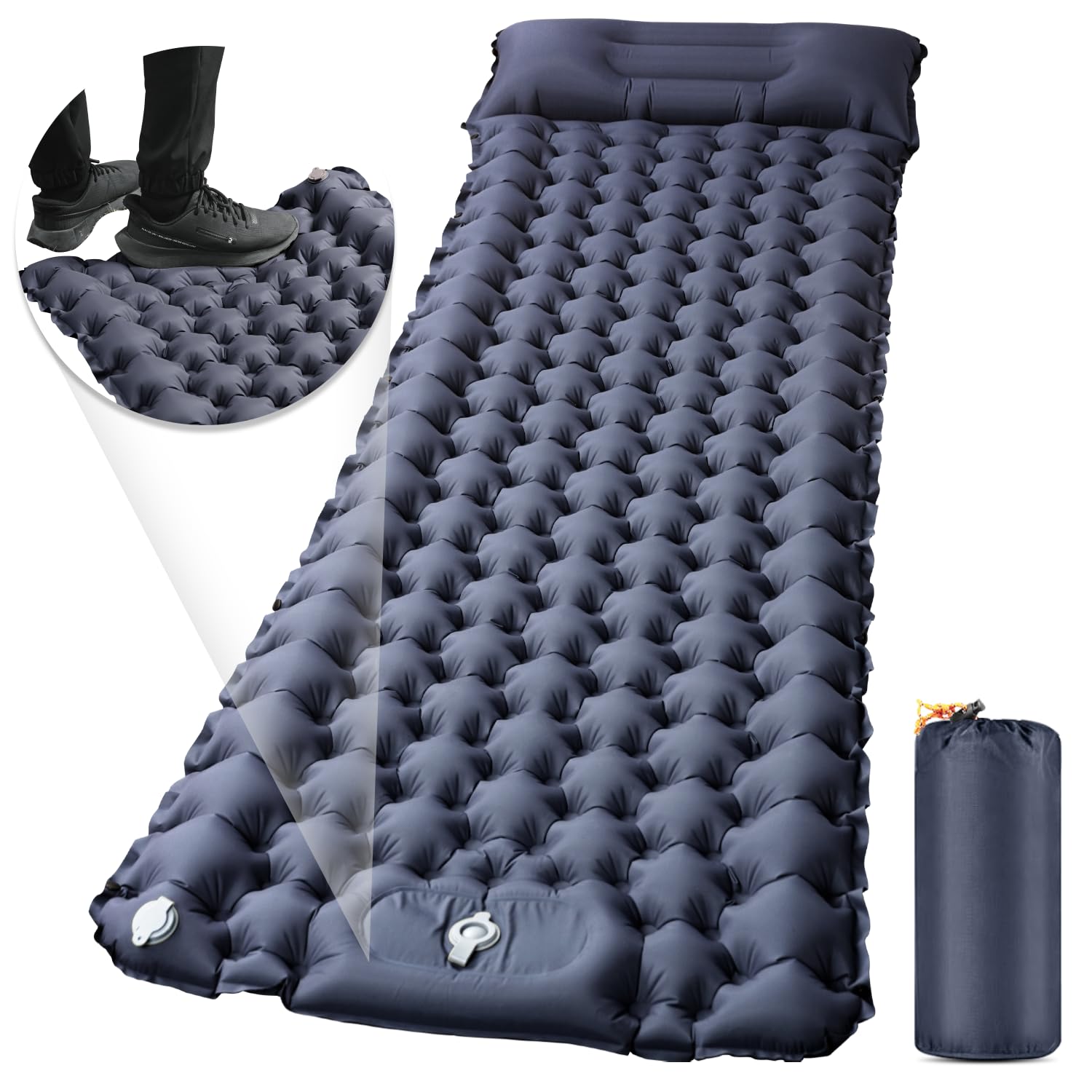 エアーマット キャンプ マット【30s膨らむ･10CM厚さ】お花見に 足踏み式 無限連結可能 R値4.0 車中泊 防災 厚手 枕付き 超軽量 コンパクト 防水 寝袋 持ち運び便利 簡単収納 補修テープ付 災害 登山 テント用 キャンプ用品商品画像