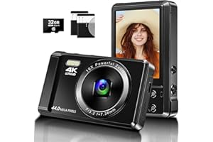 RUWAQART Digital Camera 4K UHD Vlogging Camera, 44MP Autofocus Compact Camera with 16X Digital Zoom, Rechargeable Point and Shoot Digital Camera with 32GB SD Card, 2 Batteries for Teens Kids Boys Girls