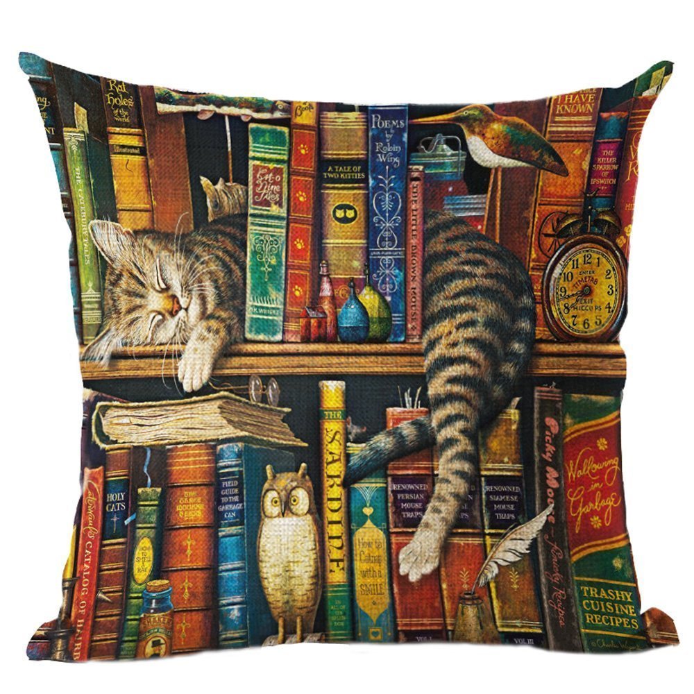 Griffith.MJ Bookshelf sleeping cat lkw1012 Decorative Cotton Linen Blend Throw Pillow Cover Square Pillow Case Cushion Cover 18 x 18 Inches