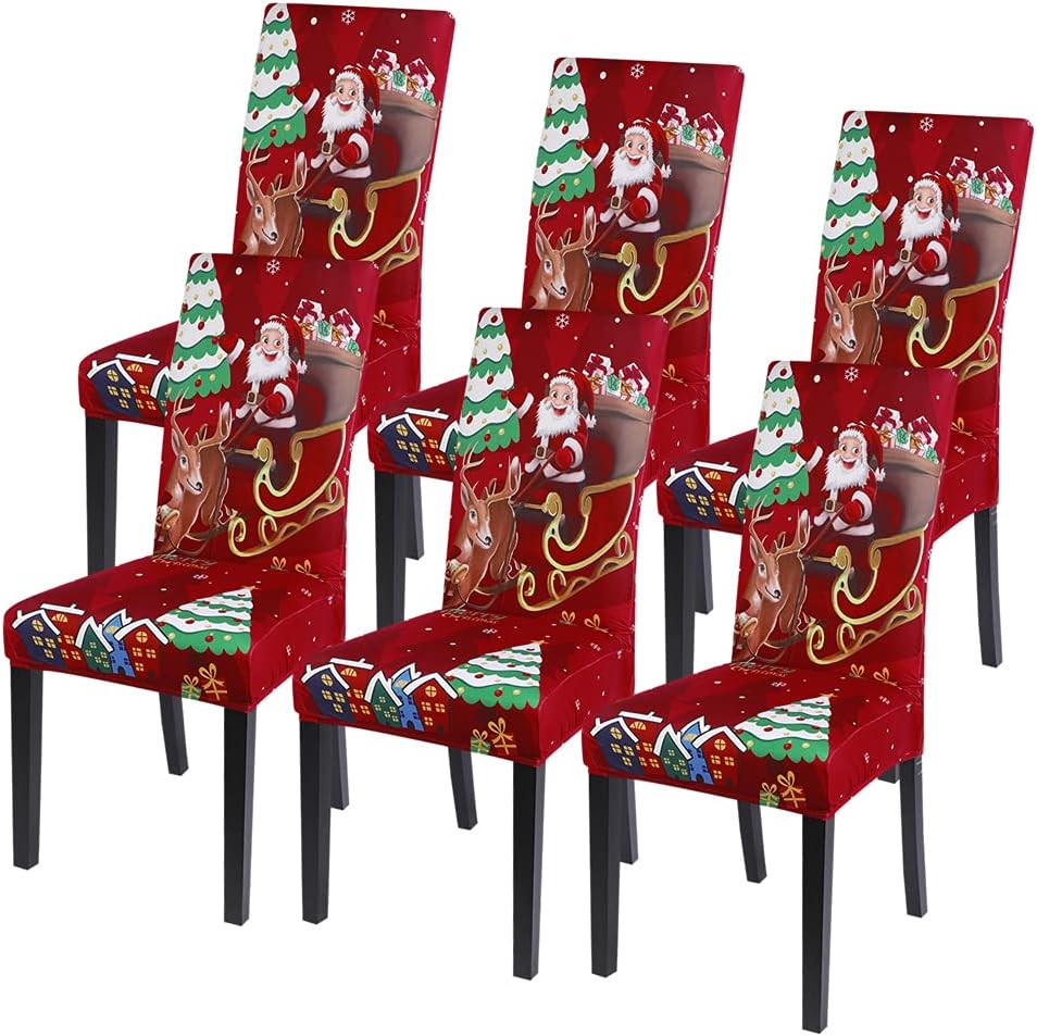 Slipcovers - SearchI Christmas Dining Chair Covers Set of 6,Stretch Xmas Parsons Chair Slipcovers Seat Protector Washable Spandex Kitchen Chair Cover for Dining Room,Christmas Decoration,Holiday Party(Santa+Deer)