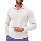 Runcati Mens Long Sleeve Polo Sweater Knit Polos V Neck Casual Dress Button Collared Pullover Sweaters