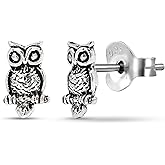 AeraVida Boho Vintage Sterling Silver Petite Night Owl Stud Earrings | Tiny Sterling Silver Stud Earrings | Owl Earrings
