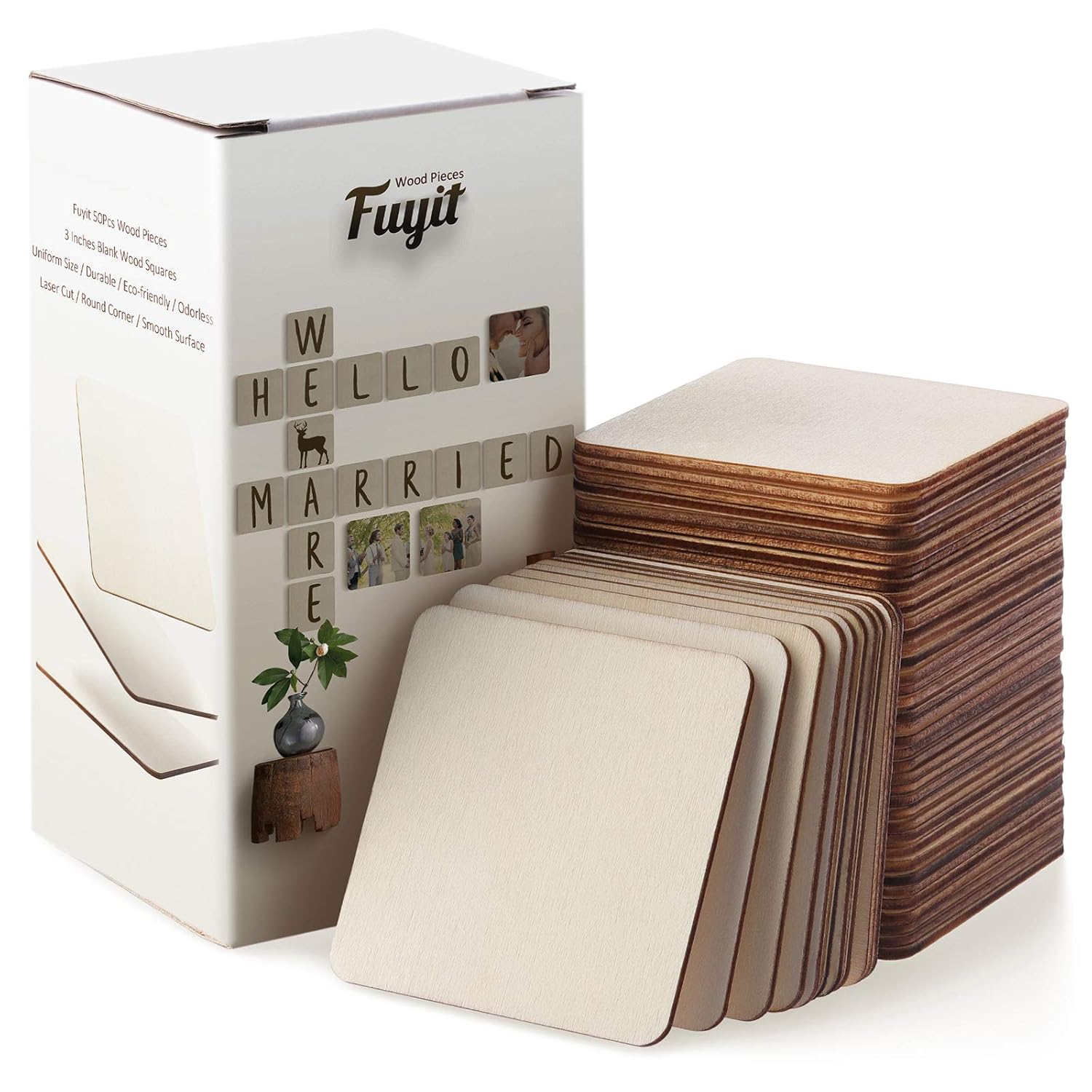 Fuyit Unfinished Wood Pieces, 50Pcs 3 x 3 Inch Blank Natural Wood