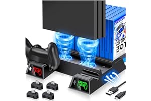 Kawaye PS4 Stand Cooling Fan for PS4 Slim/ PS4 Pro/Regular PlayStation4, PS4 Vertical Stand Controller Charger Station for Dual Charging, PS4 Accessories with Game Storage for Playstation Consoles