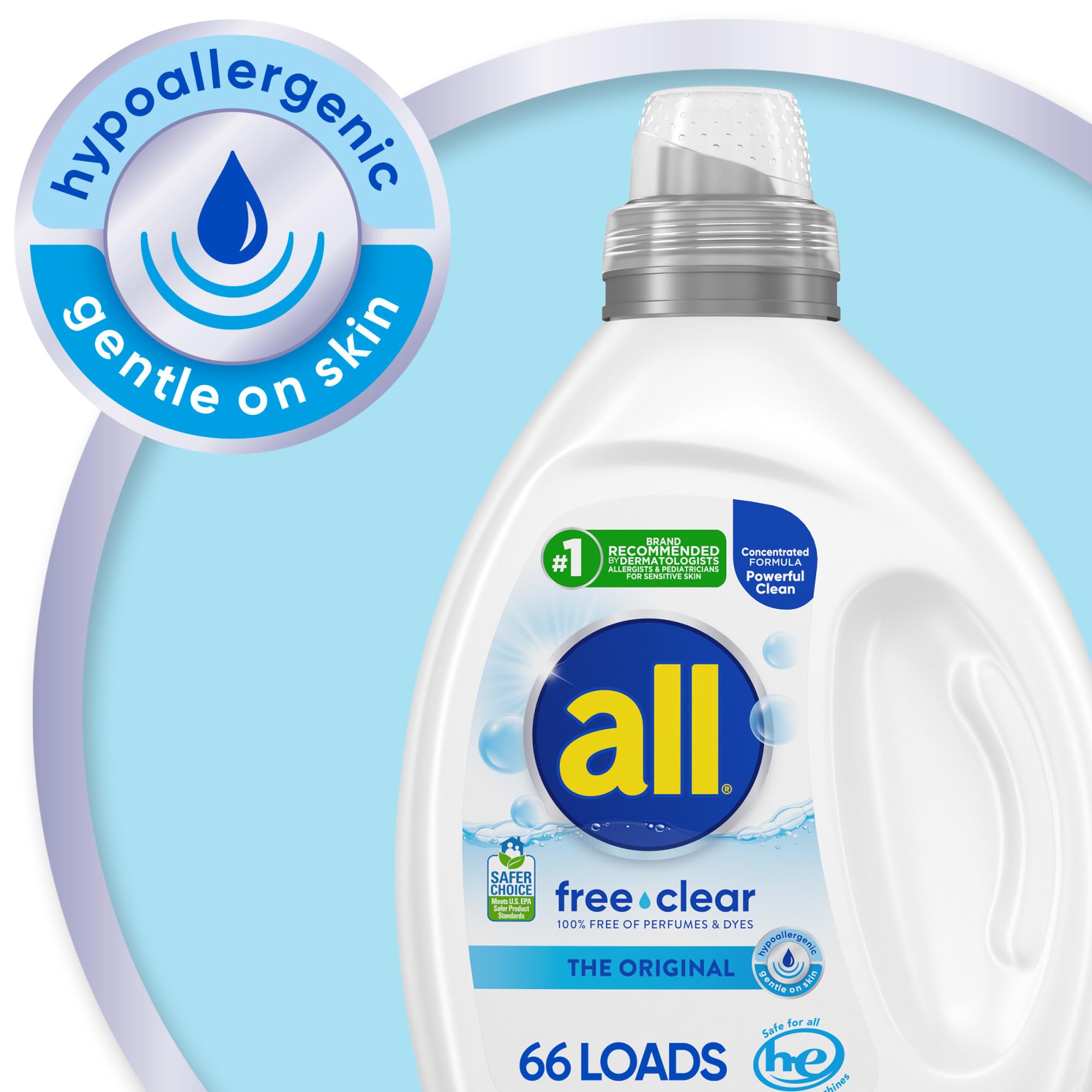 all free clear, Original, Liquid Laundry Detergent for Sensitive Skin, Unscented and Hypoallergenic, Concentrated, 50oz, 64 Loads