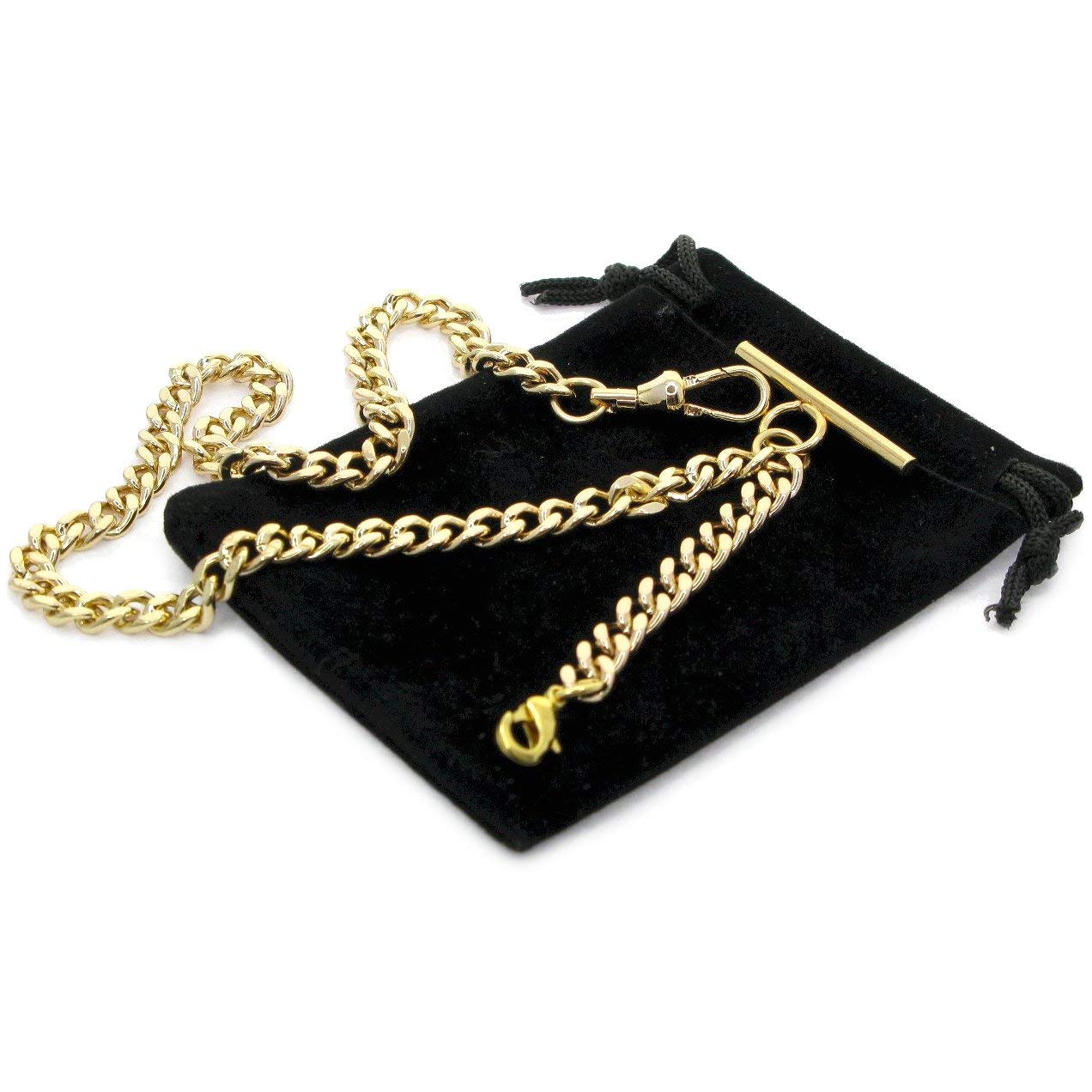 watchvshop Albert Chain Gold Tone Pocket Watch Chain Vest Chain for Men with Fob Drop T Bar Swivel Clasp Lobster Claw Clasp AC33A